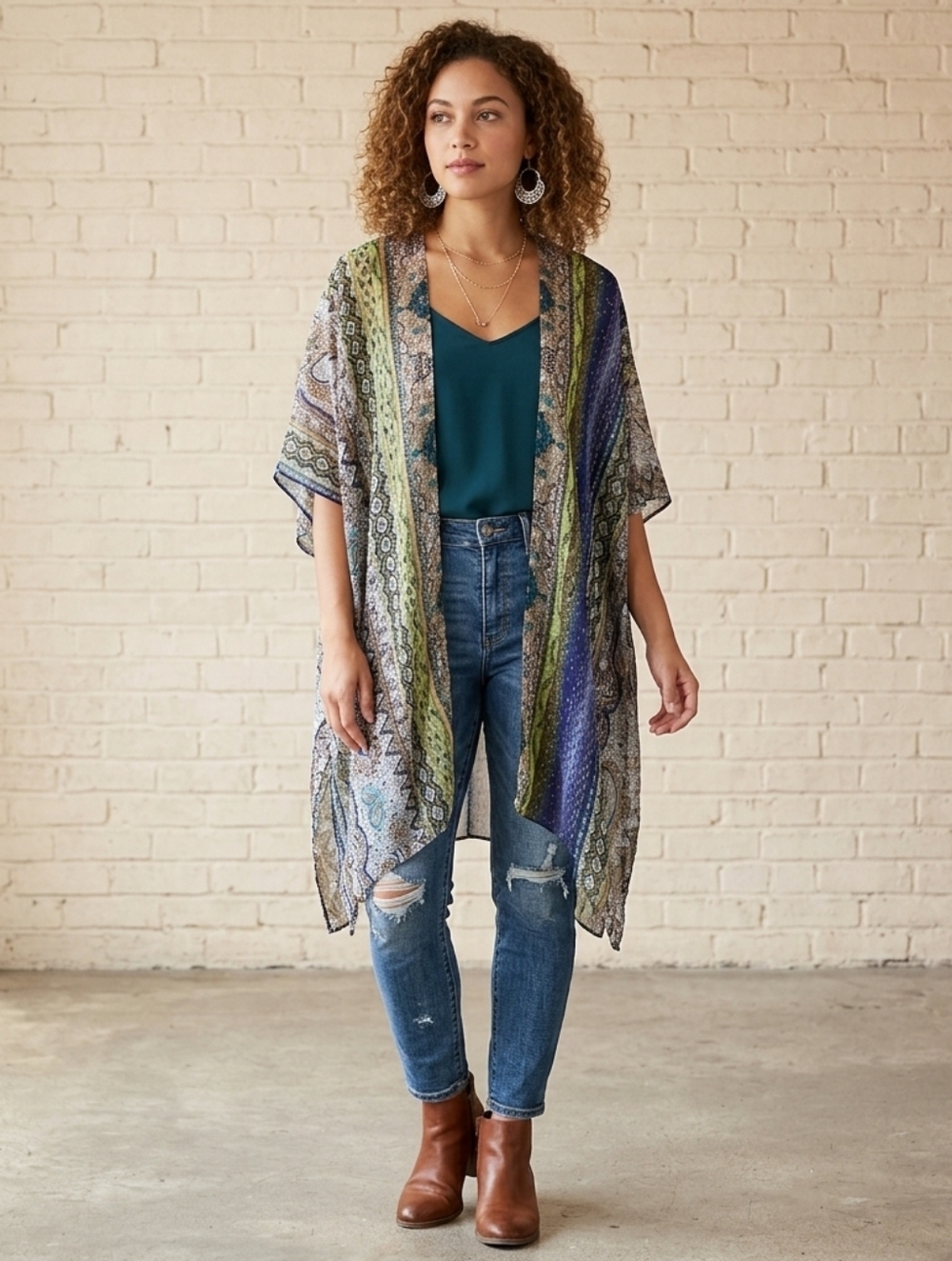 Jessica McClintock Scarf Shawl Wrap Cardigan Indigo Olive Paisley Floral Stripe - Picture 2 of 10